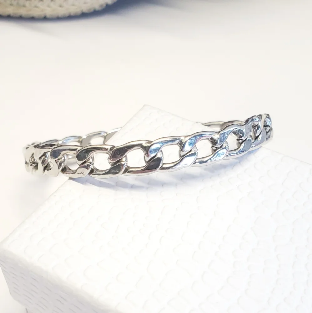 Silver Plated Curb Chain Link Bangle Bracelet Classic Style Chain Bangle